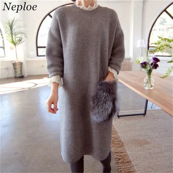 Neploe Faux Fur Patchwork Lommer Pige Sweater Solid Strikket Kvinder Pullover 2021 Efterår Og Vinter Nye Mode Sueter Mujer 69084