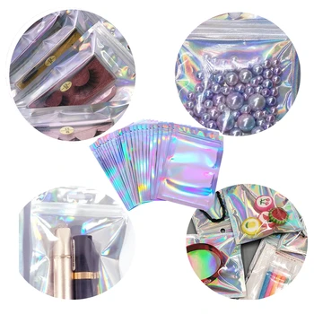 100 Stk Lyserøde Reclosable Holografiske Lynlås Eyelash Emballage Pose Laser Af Plast Konvolutter Opbevaringspose Til Fuld Stribe Vipper