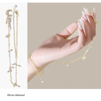 1stk Skinnende Zircon Pearl Alloy Vedhæng 3D Nail Art Dekoration Aftagelig Kæde Armbånd Bryllup Smykker Manicure Design Tilbehør