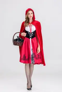 2019 Voksne Kvinder Halloween Kostume Til Cosplay Little Red Riding Hætteklædte Robe Dame Broderi Kjole Part Kappe Tøj Til Piger