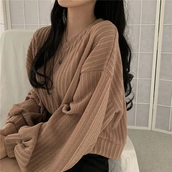 2020 Efterår Og Vinter Kvinder Mode Sweater Koreanske V-Hals Lange Ærmer Korte Strikkede Pullovers Løs Solid Jumper Træk