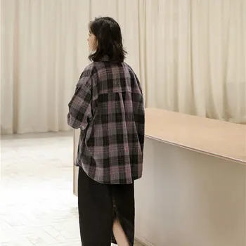 2020 Efteråret Nye Korea Mode Kvinder, Løs, Afslappet Shirts Pels Uldne Plaid Vintage Turn-down Krave Bluse Stor Størrelse Blusas M553