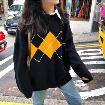2020 Kvindelige Lange Ærmer Koreansk Hot Salg Oversize Trøjer Efteråret Sweater Kvinder Geometrisk Mønster Mode Grundlæggende Casual Regelmæssigt Til
