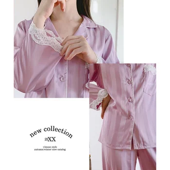 2020 Kvinder Pyjamas Sæt Silke Satin Pijama Turn-down Krave Nattøj Dame langærmet Lace Nattøj Femme 2 Stykker Homewear Sæt