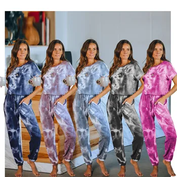 2020 Nye Tie Dye Trykt Kvinder Pyjamas Kort Ærme Toppe Og Lange Bukser Loungewear Pijamas Feminino Sæt Nattøj Casual Nattøj