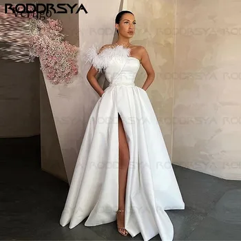 2021 Hvid Kjole til Aften i Satin Lang Rød Sort Prom Kjoler Lommer Fjer Side Slids Formel Part Kjole receptionen kjole til bruden