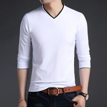 2021 Nye Mode Brand T Shirts Mænd V Neck Street Wear Toppe Tendenser Mercerized Bomuld Koreanske Langærmet Tee Mænd Tøj
