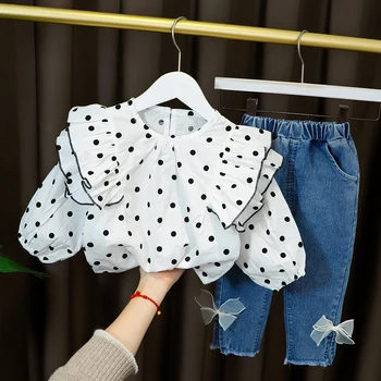 2021 Varmt Tøj Til Spædbarn-Baby Girl Dot Plisseret Blonde Krave + Lang Denim Buer Bukser Børn Outfit 1 2 3 4 År