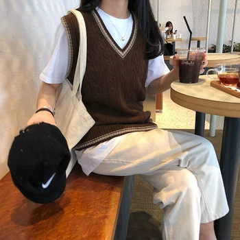 3 farver 2019 koreanske preppy stil, v hals twist vest trøjer dame strikkede trøjer (X973)