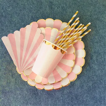 8stk Pink Stribet med Guld Disponibel Partyware Middag Sæt 9