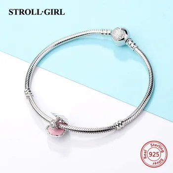 925 Sterling Sølv Fine Smykker Cowry Skaller Ring med Cz Perler Pink Emalje Charms Passer Europa-Armbånd til Kvinder Mors Dag Gave