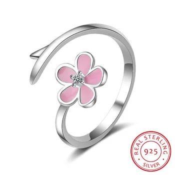 925 Sterling Sølv Justerbar Størrelse Ring Blomsten, Magnolia Cubic Zirconia Gradient Pink Emalje Cocktail Ring Fine Smykker Gaver