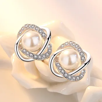 925 sterling sølv mode blomst krystal pearl stud øreringe til kvinder engros smykker kvindelige Julegave