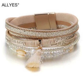 ALLYES Lette Ord Læder Armbånd til Kvinder Mode Boho Krystal Perler Kvast Damer Multilayer Wrap Armbånd Smykker