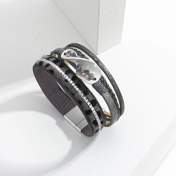 Amorcome Europa Design Grå Farve Leopard Mønster Læder Armbånd til Kvinder, Kvindelige Rhinestone Geometriske Charme Wrap Armbånd