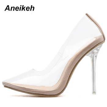 Aneikeh 2020 Kortfattet Mode PVC Kvinde Gennemsigtig Sandaler med Tynde Høje Hæle Sko Spidse Tå Pumper Slip På Solid Abrikos 35-42