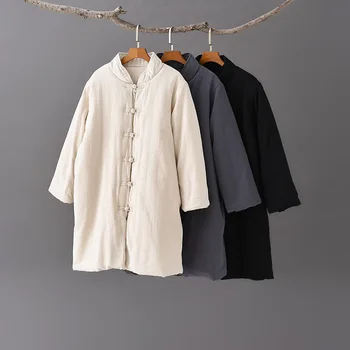 Aransue kvindelige Nye ankomst outwear i kinesisk stil medium længde vinter topcoat linned Vintage krave med turnbuckle parkacoats