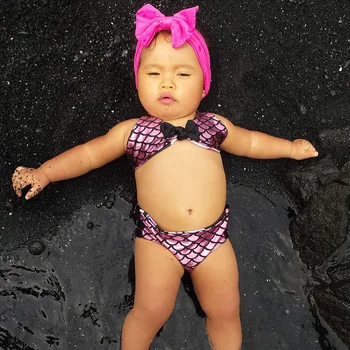Baby Girls Bikini Spædbarn Swimwears To Stykker Sæt Baby Clothings Polyester Søde Lilla Havfrue Kjole Hot Beach Style