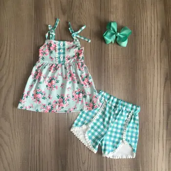 Baby piger sommeren aqua udstyr blomster top plaid aqua shorts kids søde outfits med bue