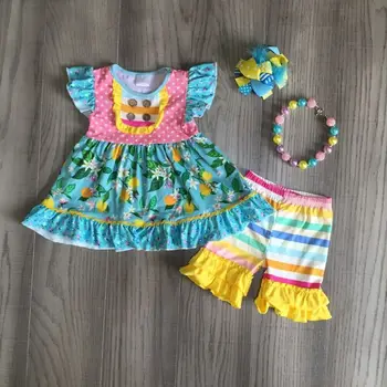 Baby piger, tøj piger, tøj citron print øverste med flerfarvet stribe shorts børn sommer-udstyr med tilbehør