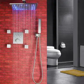 Badeværelse Termostatbatteri Bruser Vandhane Sæt Skjule Regn Brus System 12 Tommer LED Badekar Børstet Regn brusehoved