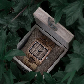 BOBO FUGL Rektangel Zebra Herre Træ-armbåndsur Top Mærke Luksus Quartz Ure med Fuld Træ-Band i gaveæske