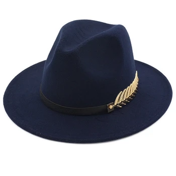 Britisk Stil Blad Fjer Jazz Hat Uldne Top Hat Man Kvinder Wide Brim Vintage Cap Herre Elegant Dame Vinter Efterår Hat