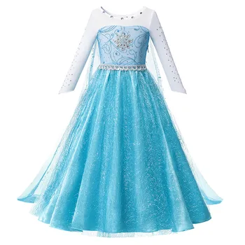 Børn Elsa Kjole Til Pige-Gulvtæppe Længde Elegante Sequined Prinsesse Kjoler Barn Julegave Glans Blå Part Kostumer
