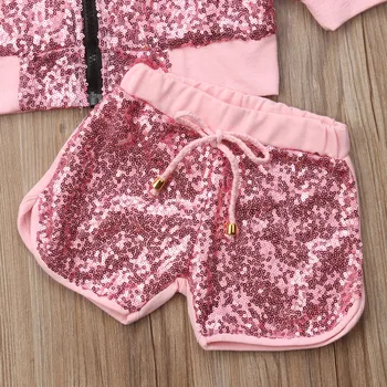 Citgeett Nye Mode Efteråret Pink Toddler Børn Piger Outfits Tøj Pailletter Langærmet Toppe Lynlås Jakke Shorts