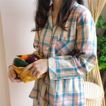 Classic plaid casual pyjamas japansk stil retro revers nattøj piger pyjamas sæt pijamas tops+bukser 2stk homewear passer L044