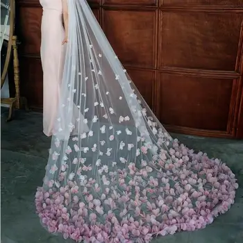 Coloful Domkirke Bryllup Slør med Blonder 3D Blomster Pynt Vestido De Noiva Longo skræddersyet brudesløret