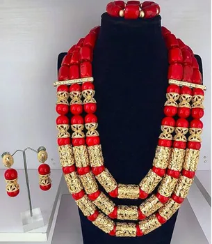 Coral Perle Halskæde Øreringe Sæt til Brude, Rød Koral Smykker Sæt til Kvinder Fantastisk Rød og Guld Nigerianske Bryllup Gave ABH708