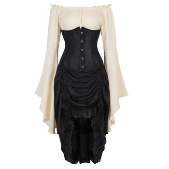 Corset kjole underbust top nederdel 3-stykke foran høje og lave kostume til cosplay plus size korsetter bustier burlesque vintage black