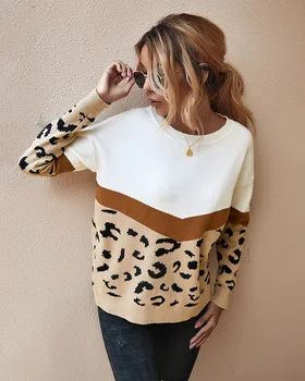 Damer Efterår/vinter Sweater Leopard Print Syning Rund Hals Pullover Plus Size 2020 Høj Kvalitet Kvinders Uld Sweater