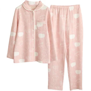Damer pyjamas sæt, kvinder efteråret og vinteren, tre-lags quiltet luft bomuld revers home service todelt dragt pyjamas bukser