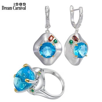 DreamCarnival1989 Himmel Blå Zirconia Smykker Sæt til Kvinder, Damer Hat Design Ring Øreringe Bryllup Smykker Radiant Cut CZ ER4002S2
