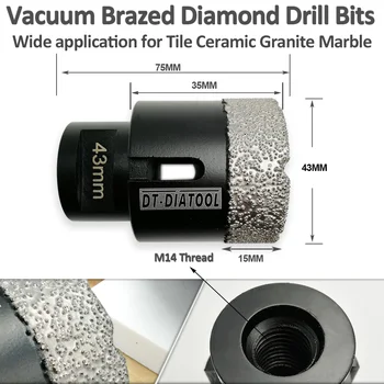 DT-DIATOOL 1pc Dia43mm Tør Vakuum Loddede Diamant Kerne Bits hulsav M14 Gevind Tør-eller vådboring bits med Segment højde 15mm