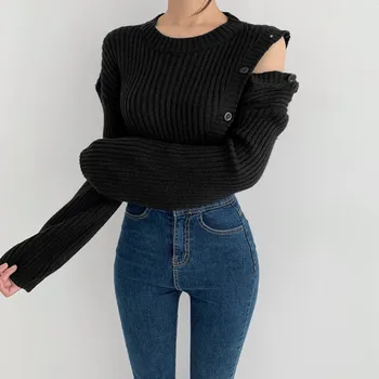Dunayskiy Efterår Mode Koreanske Kvinder Sweater 2021 Elegant Lille Sexet Knappen Off Skulder Lange Ærmer Knitt Trøjer Kvindelige