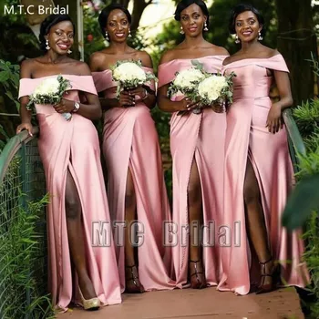 Dusty Pink Afrikanske Brudepige Kjoler Bådudskæring Høj Slids Sexet Brudepige Kjole Plus Size Satin Bryllup Gæst Kjoler, Engros