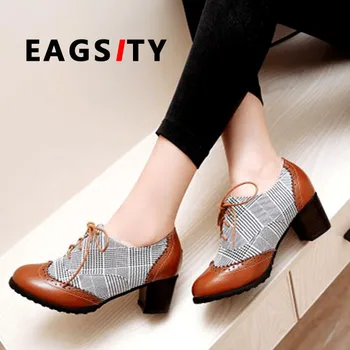 EAGSITY British college stil plaid oxford sko blok hæl snøre spidse tå, afslappet kvinder sko