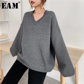 [EAM] Gray Stor Størrelse Strikke en Sweater i Loose Fit V-Hals Lange Ærmer Kvinder Trøjer Nye Mode Tidevand Efterår og Vinter 2021 1Y198