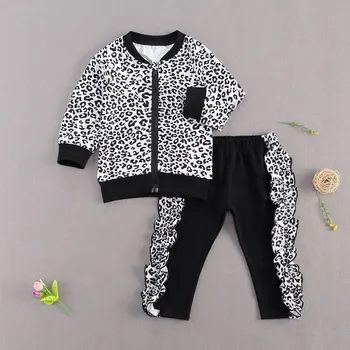 Efteråret Nye Børn Piger Leopard Træningsdragter Mode Spædbarn Baby Pige Tøj med Lange Ærmer Lynlås Frakker+Side Flæser Bukser Sæt 1-5Y