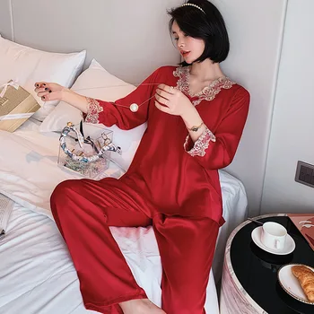 Efteråret Nye V-Hals Lace Sexede Kvinder Pyjamas Sæt Med Lange Ærmer Bukser, Der Passer Satin Pijama
