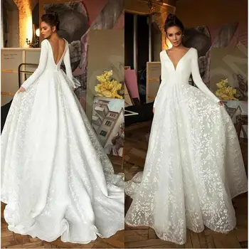 Elegant En Linje Lace Wedding Dress 2020 vestido novia Lange Ærmer brudekjoler Sexy Deep V Hals Backless Kjoler til Brudens
