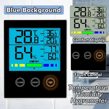 Elektronisk Touch Kontrol Temperatur Luftfugtighed Meter Hjem Indendørs Udendørs LCD Digital Termometer Hygrometer