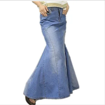 Europæisk Forår Sommer Jeans nederdel Fashion Lang Denim Nederdel For Kvinder Slanke lange Havfrue nederdel med Høj Talje maxi Nederdel plus størrelse