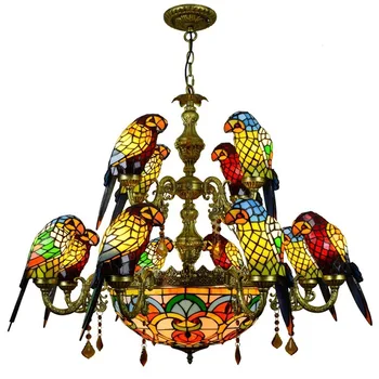 Europæisk stil retro Tiffany Style Retro Luksus Papegøje Fugl Vedhæng Lys Farvet Glas Bar Stue Parlor Hængende Belysning