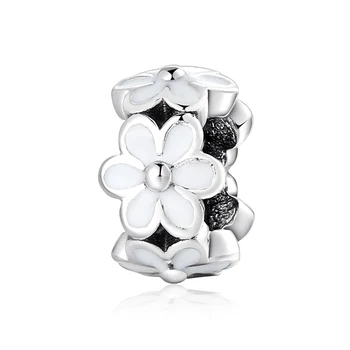 Fashion kvinder 925 sterling sølv foråret blomst Hvid emalje perler til smykkefremstilling Passer Oprindelige europeu Charm Bracelet