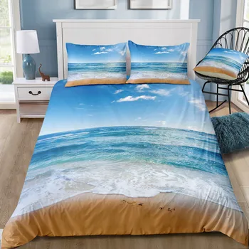 Ferie tema USA størrelse duvet cover sæt træet sea beach sengetøj blå fisk, sengetøj i 3D solnedgang ferie ferie hotel bedding set