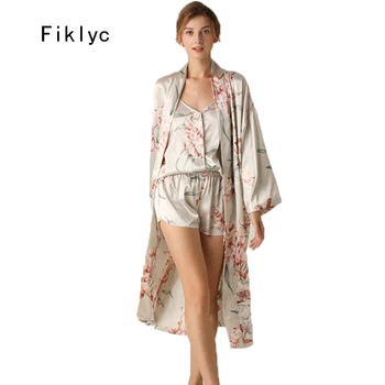 Fiklyc undertøj nye ankomst 2020 sommer tre stykker satin trykt pyjamas sæt, luksus og elegant tæve kausale VARMT nattøj